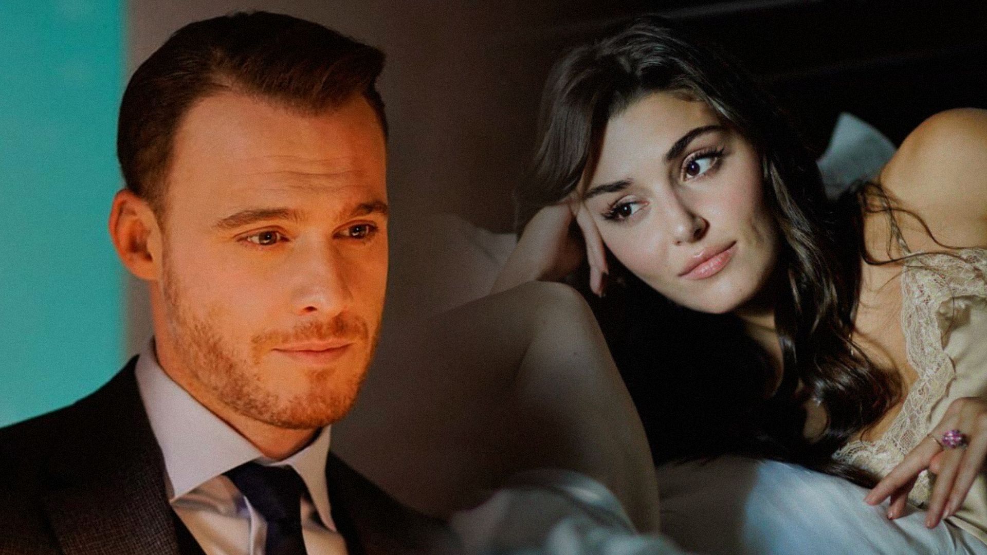 Aktor Kerem Bursin w czarnej kurtce i aktorka Hande Ercel w koszuli nocnej, leżąc na łóżku