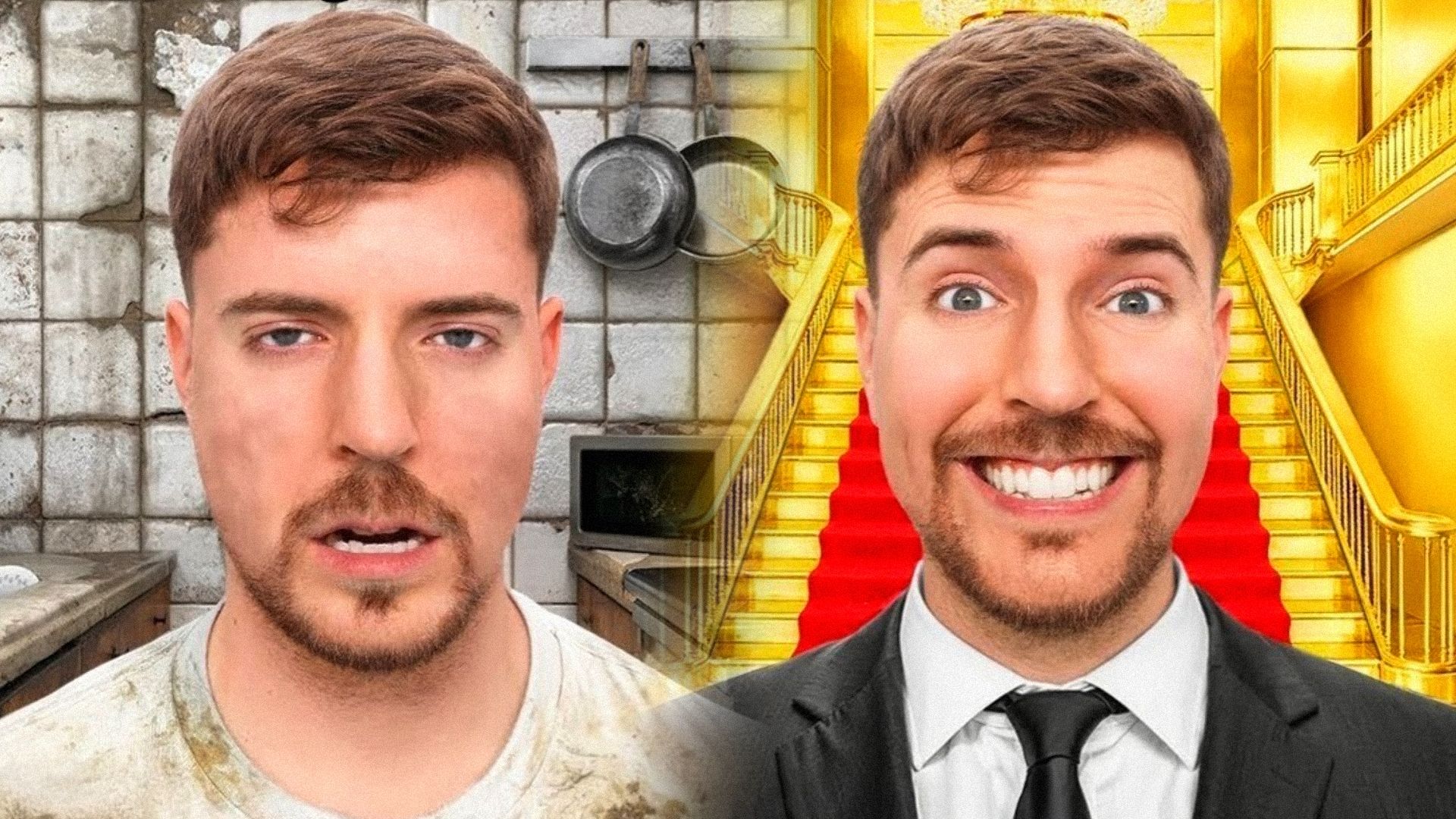 Bloger Mr Beast w brudnej koszulce i czarnej marynarce, uśmiechając się i patrząc w kamerę