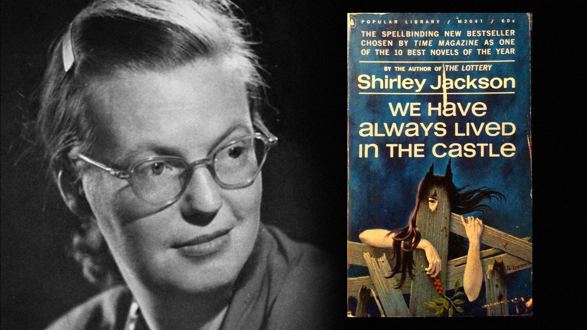 Pisarka Shirley Jackson w okularach patrzy w bok z książką pokazującą dziewczynę stojącą przy płocie