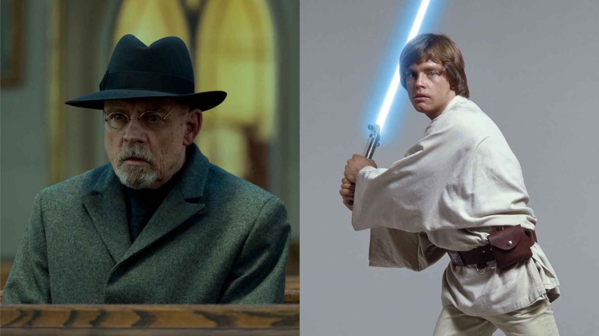 Aktor Mark Hamill w kapeluszu i okularach siedzi na ławce, po prawej - on z mieczem świetlnym i w białych ubraniach