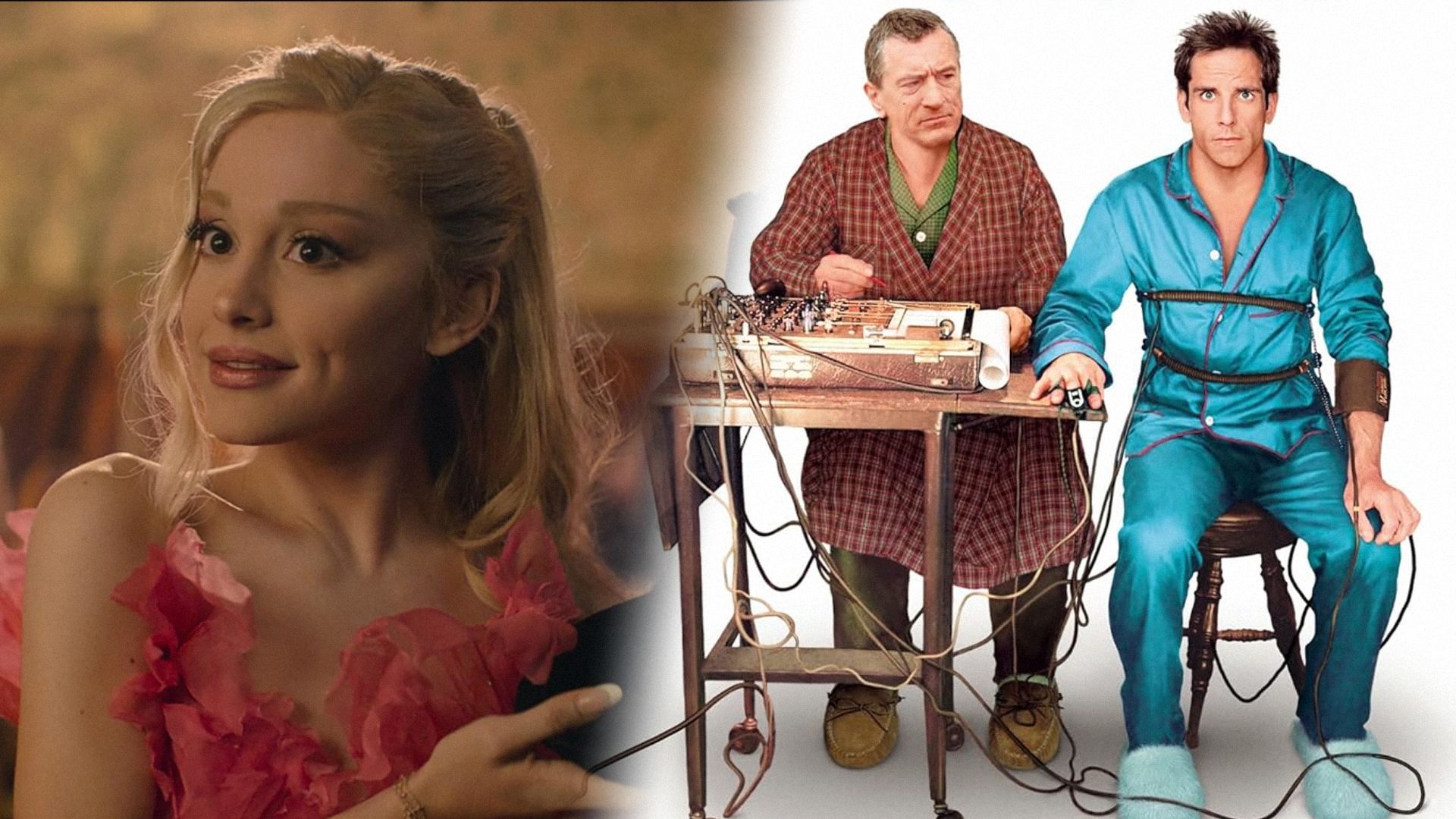 Piosenkarka Ariana Grande w czerwonej sukni uśmiecha się, aktorzy Robert De Niro i Ben Stiller siedzą przy stole w nocnikach