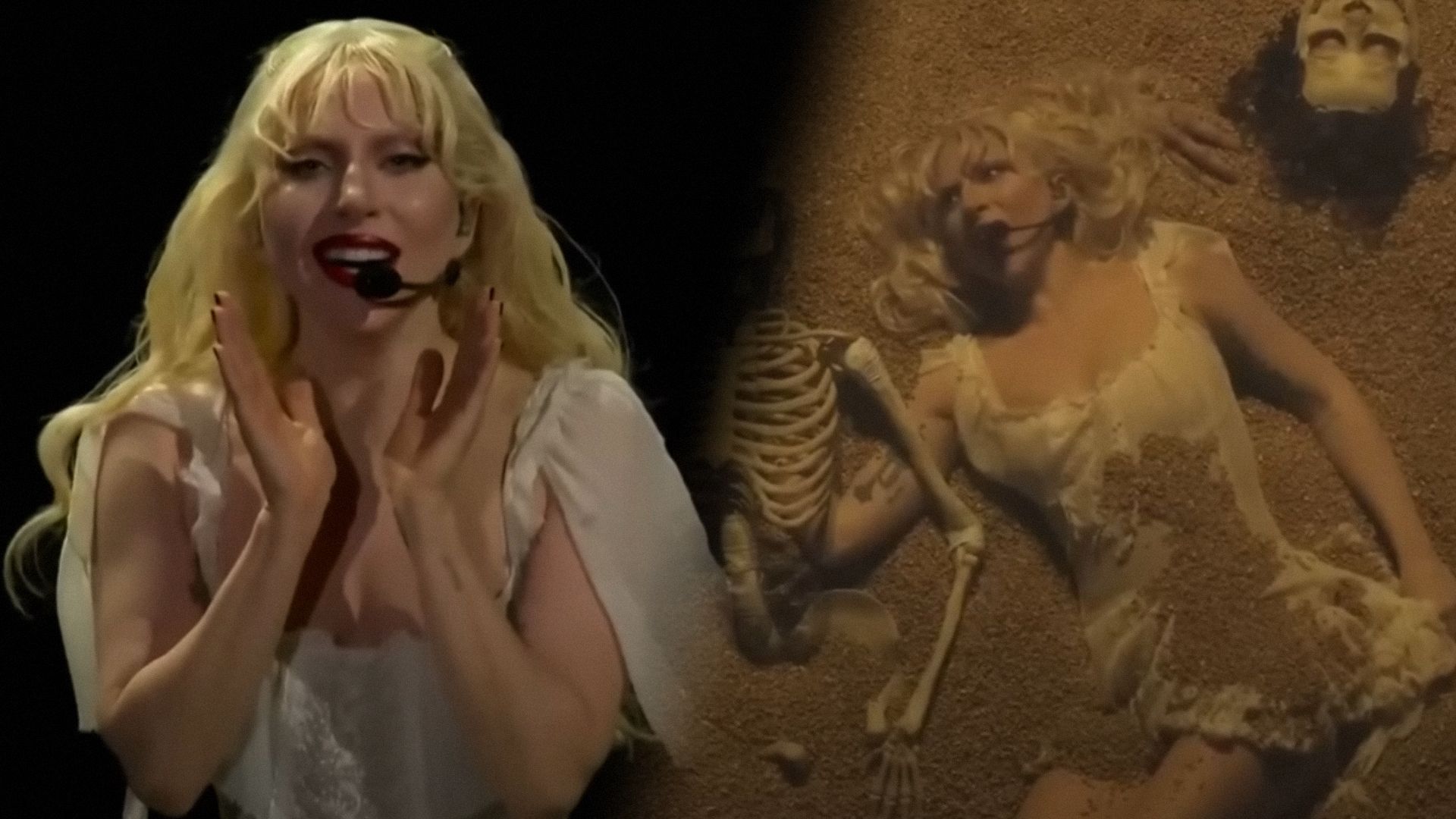 Piosenkarka Lady Gaga w białej sukni z mikrofonem na tle czarnego tła i uśmiecha się