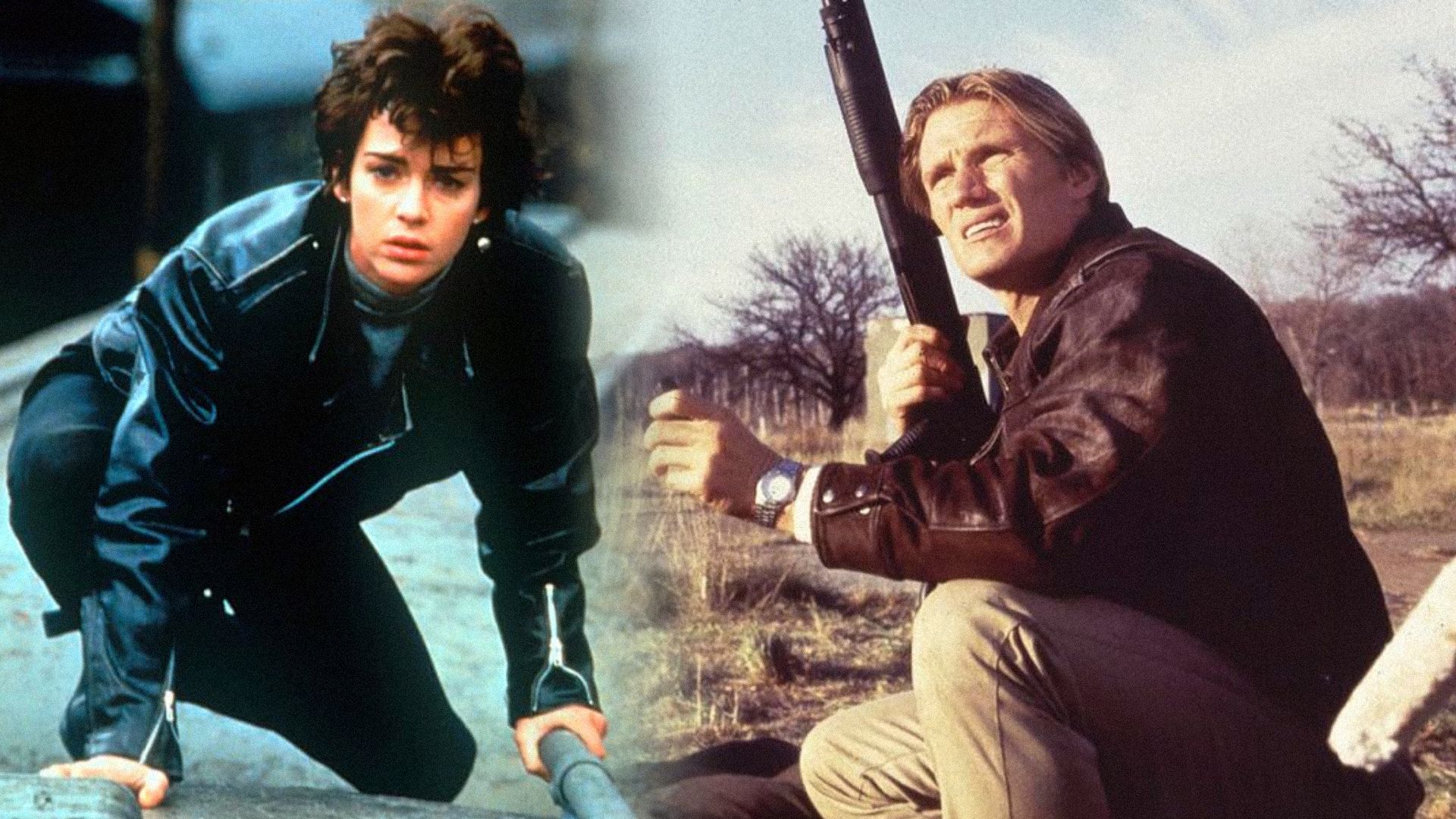 Dziewczyna w czarnym ubraniu kucająca i aktor Dolph Lundgren z bronią w rękach patrzący w bok