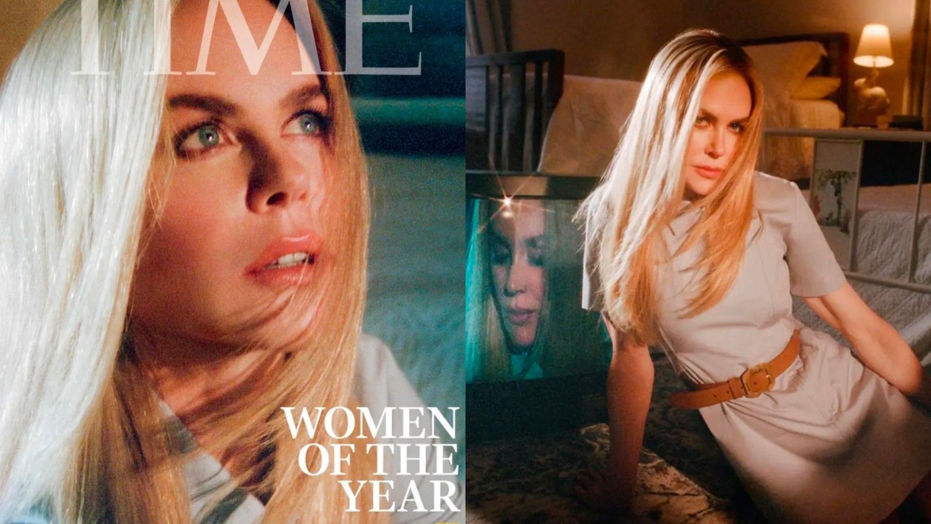 Kolaż zdjęć Nicole Kidman, po lewej na okładce magazynu Time, po prawej pozuje na podłodze w beżowej sukni