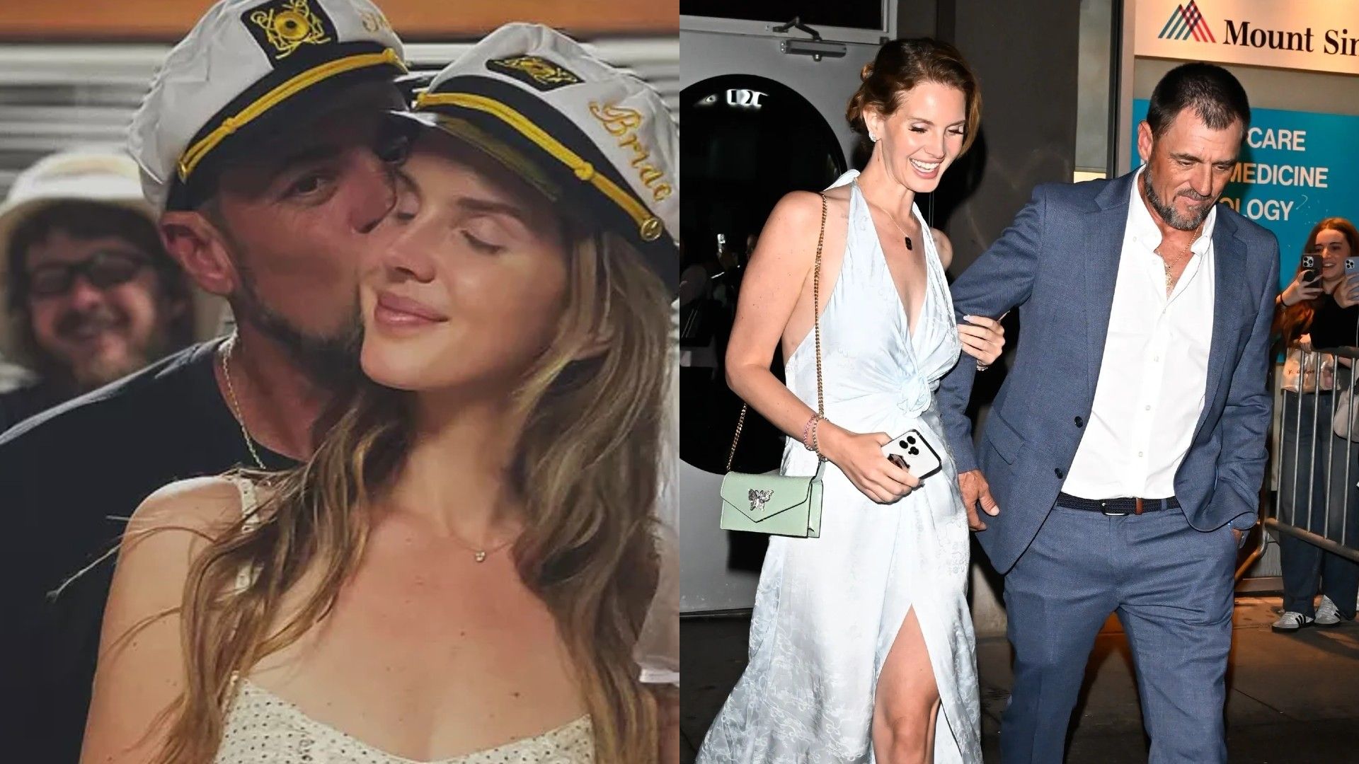 Lana Del Rey i mąż Jeremy Dufrene, z lewej mężczyzna całuje kobietę w czapce kapitańskiej, z prawej para idzie razem, ona w jasnej sukience, on w garniturze