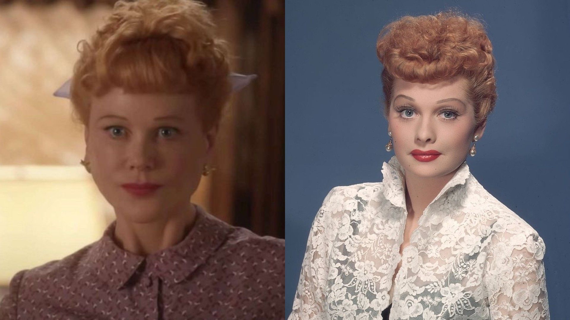 Po lewej Nicole Kidman w charakteryzacji Lucille Ball, po prawej portret Lucille Ball