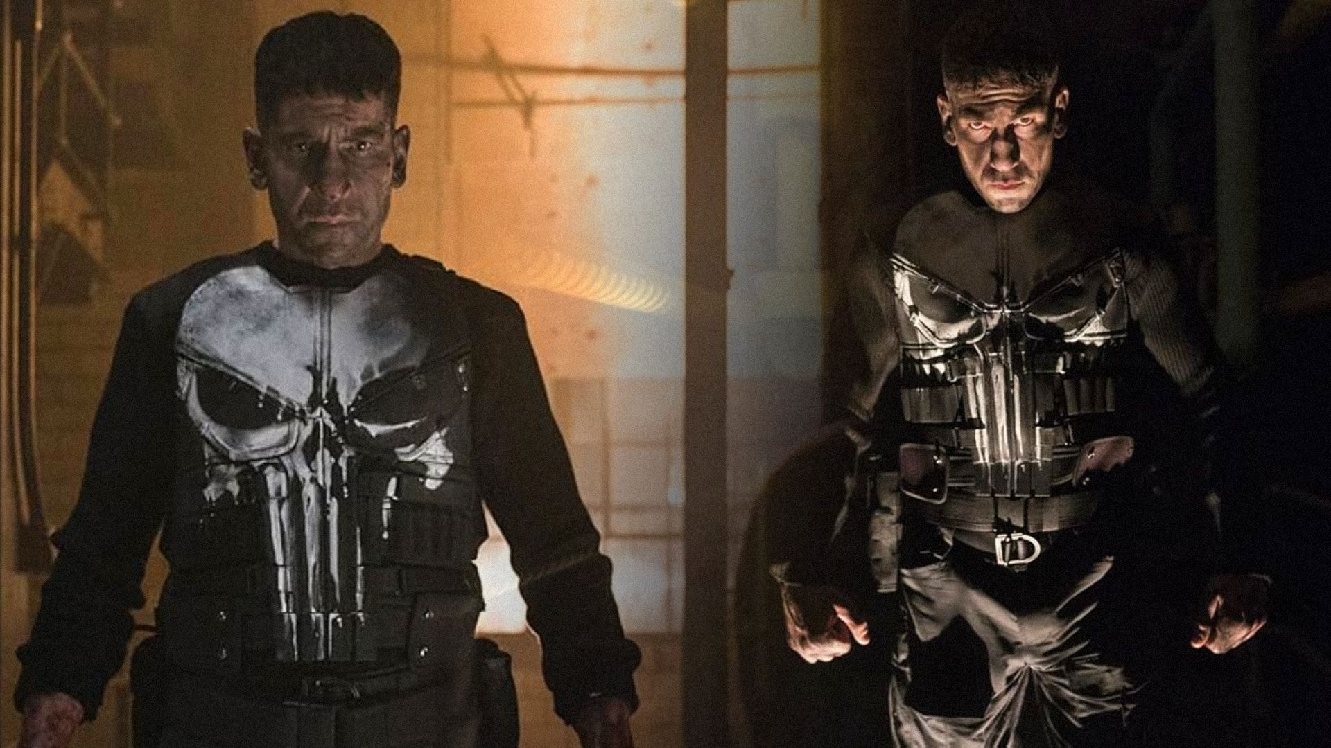 Aktor Jon Bernthal w ubraniu z nadrukiem czaszki stoi w żółtym świetle