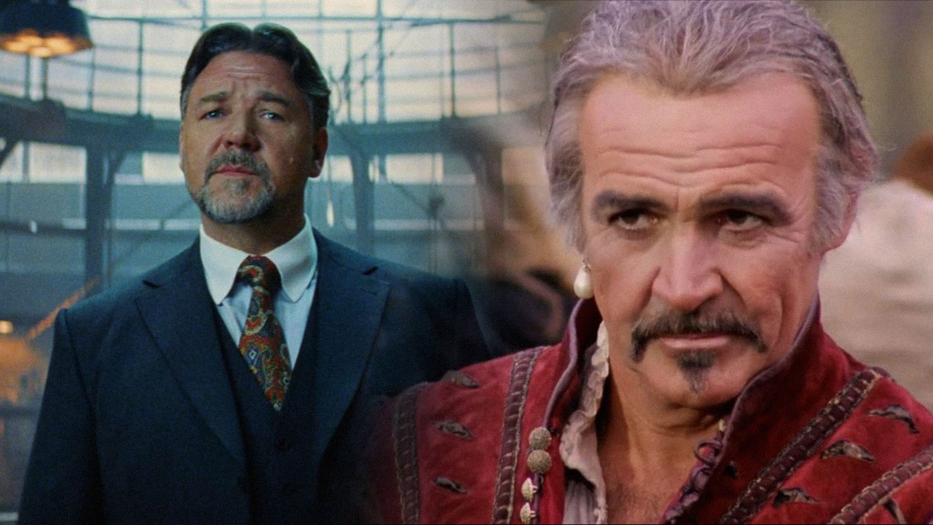 Aktor Russell Crowe w czarnym garniturze patrzący w kamerę i aktor Sean Connery jako egipski Ramirez
