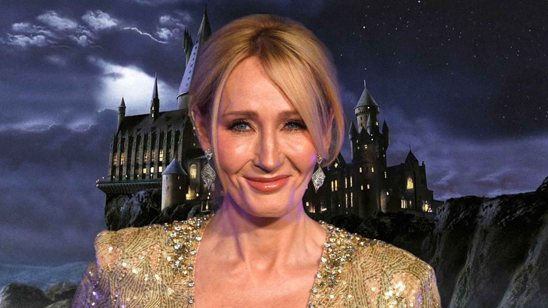 Pisarka J.K. Rowling w złotej sukni uśmiecha się na tle Hogwartu