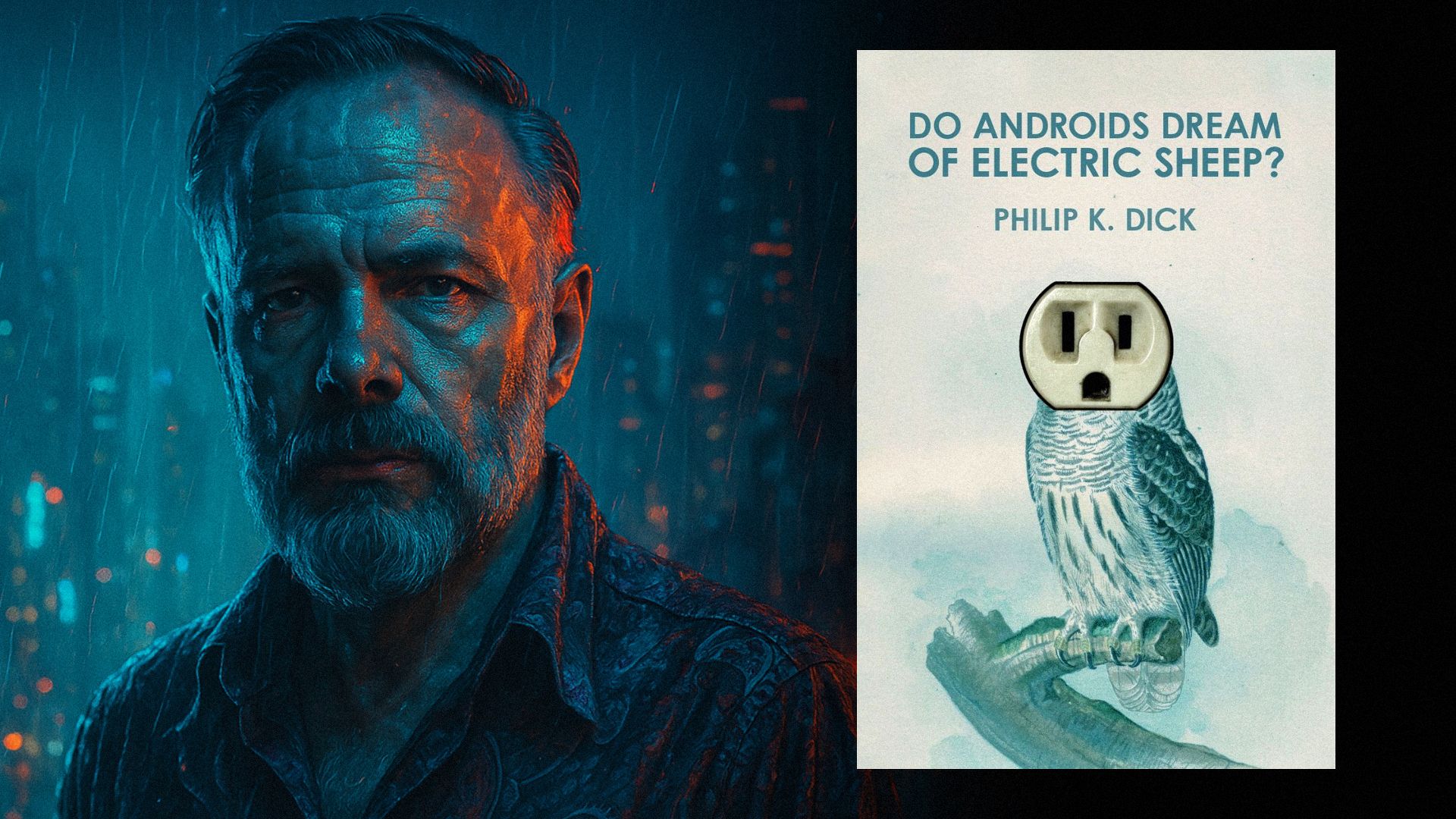 Pisarz Philip K. Dick stoi w deszczu pod niebiesko-pomarańczowym światłem, obok okładki książki z sową