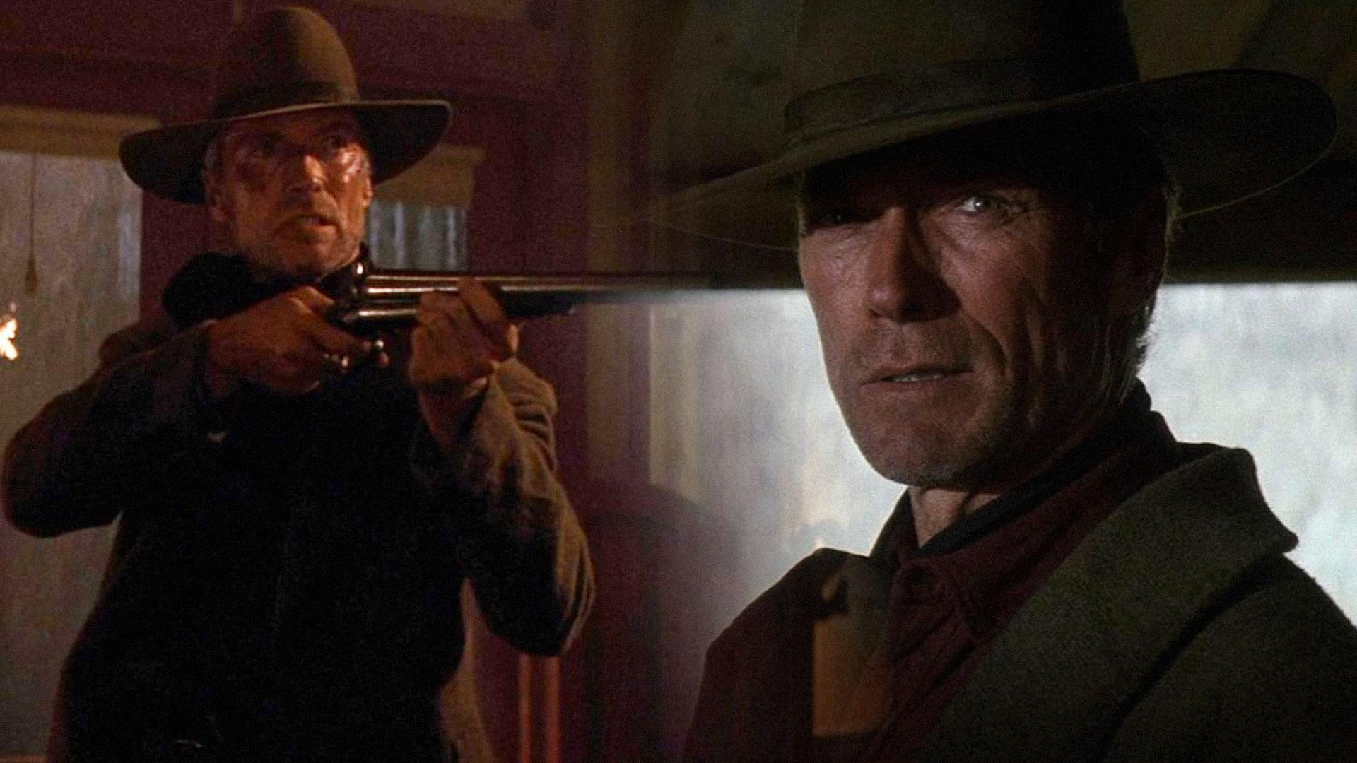 Aktor Clint Eastwood stoi w kapeluszu trzymając karabin