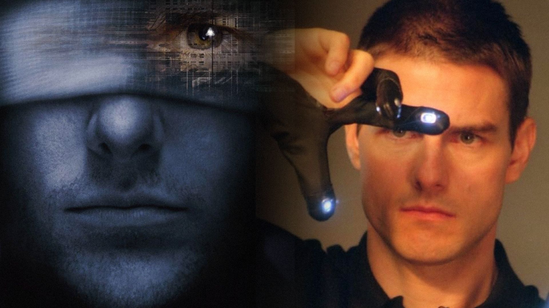 Aktor Tom Cruise w czarnych rękawiczkach ze świecącymi czujnikami na palcach