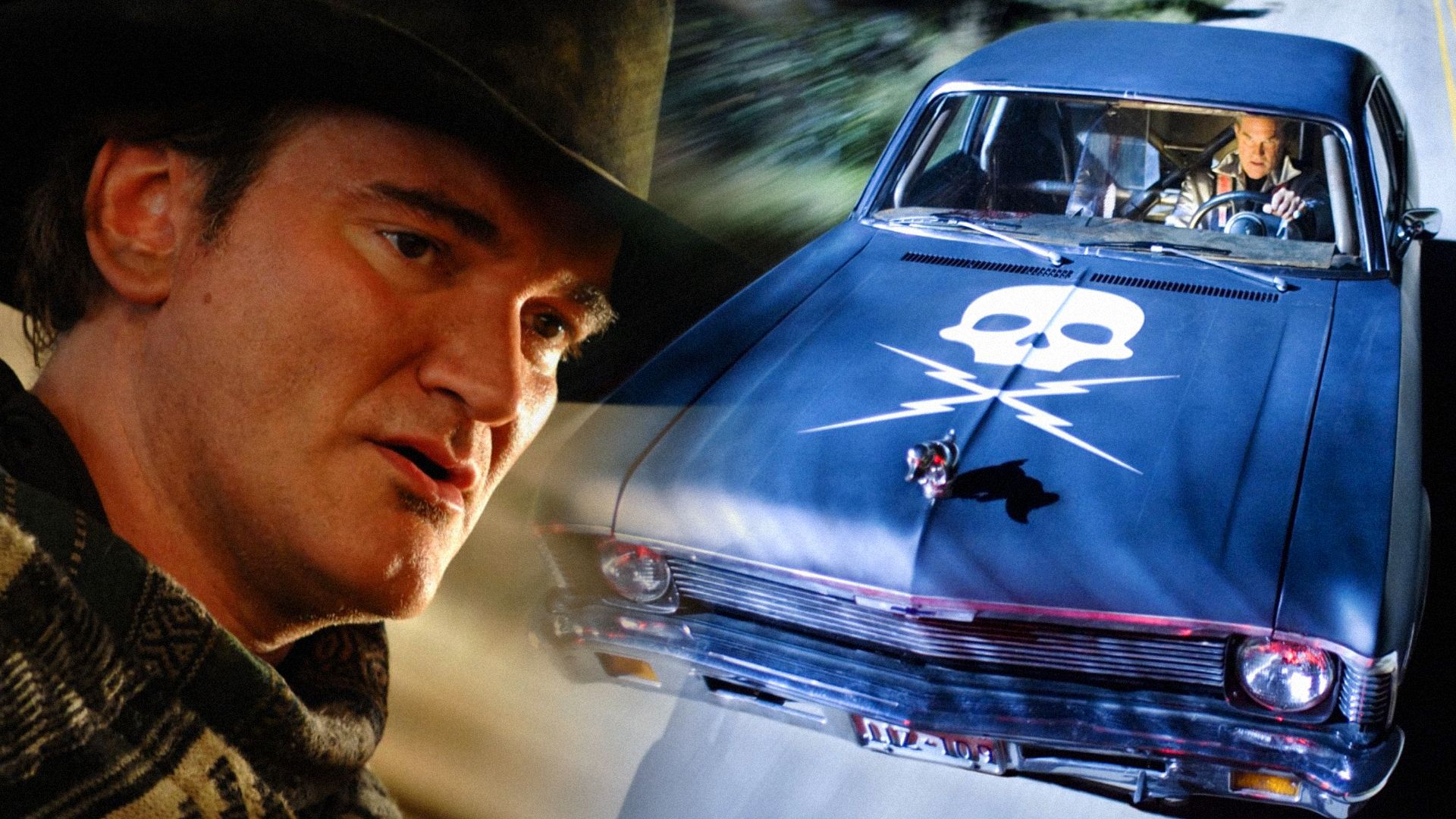 Reżyser Quentin Tarantino w kapeluszu i aktor Kurt Russell za kierownicą niebieskiego samochodu