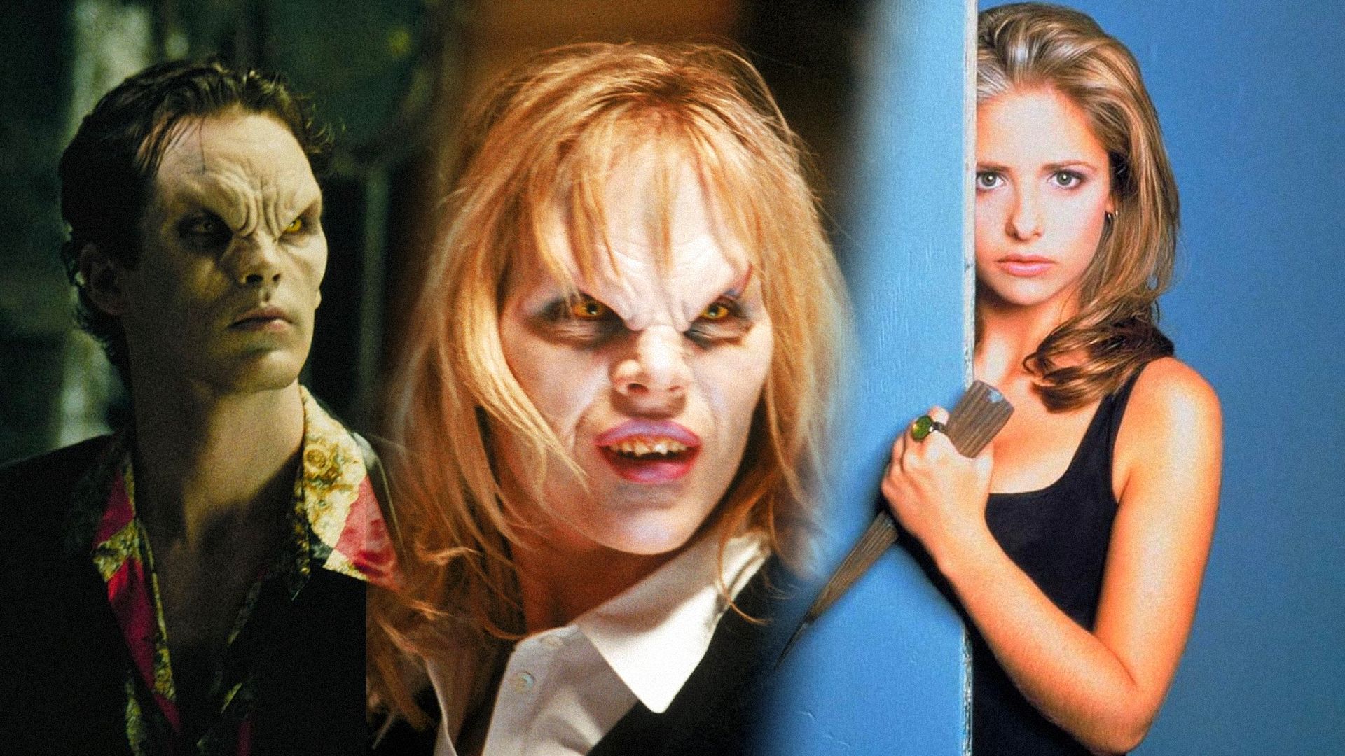 Mężczyzna i kobieta w kostiumach wampirów z żółtymi oczami, aktorka Sarah Michelle Gellar trzymająca kołek