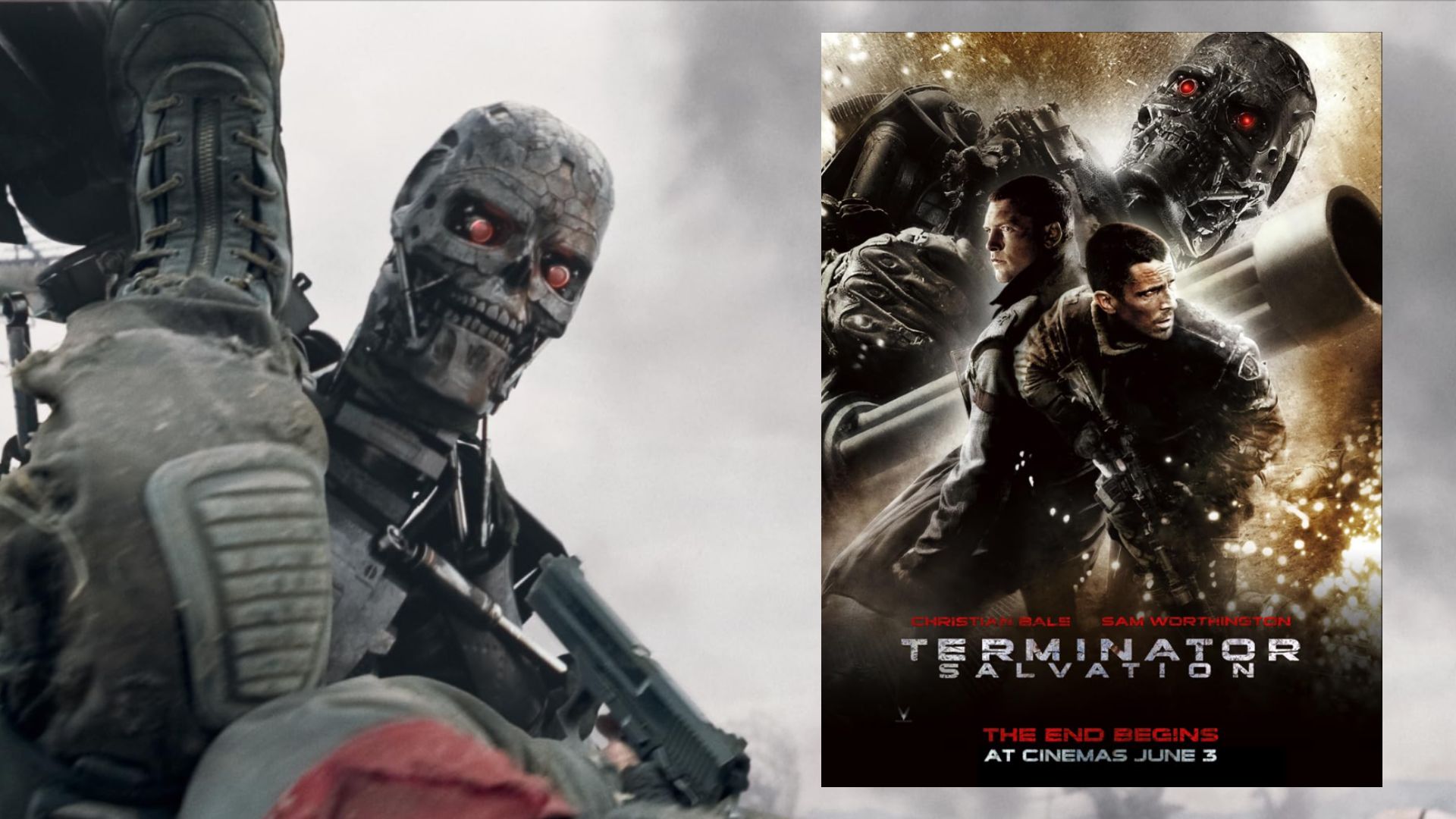 Srebrny robot Terminator na tle nieba i plakat filmowy z Christianem Bale'em stojącym z bronią