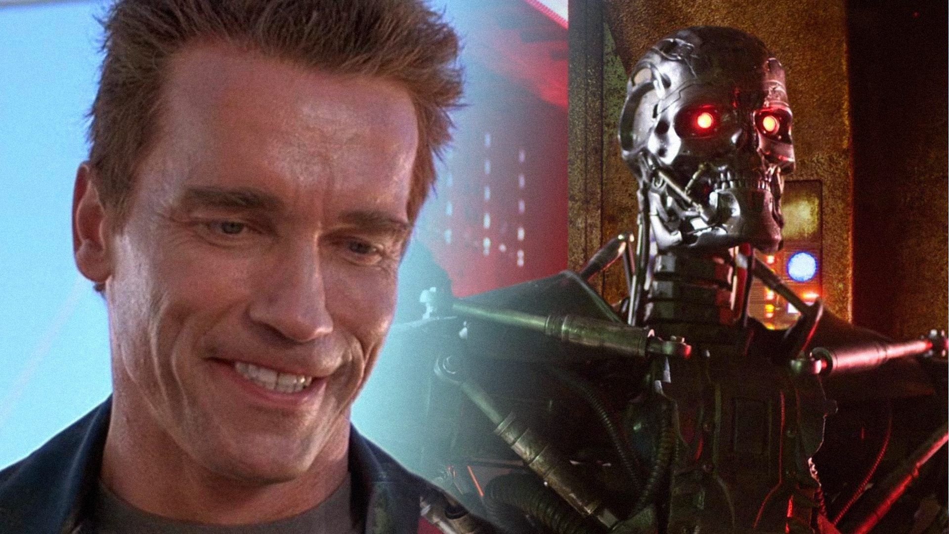 Aktor Arnold Schwarzenegger uśmiecha się z robotem Terminatorem stojącym obok w brązowym świetle