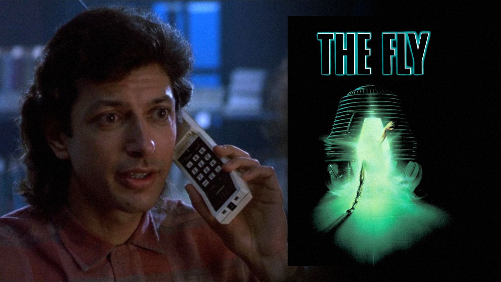 Aktor Jeff Goldblum z przenośnym telefonem i plakat filmowy przedstawiający teleporter