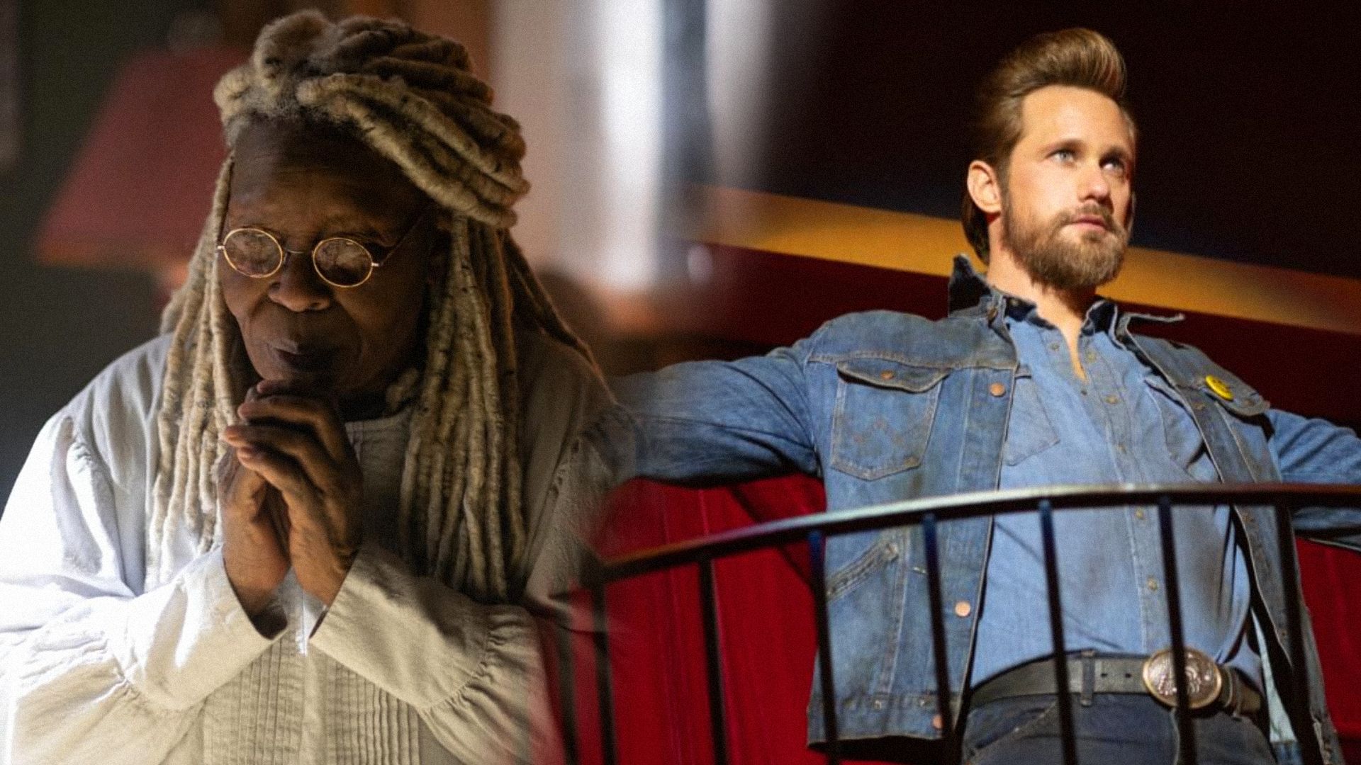 Aktorka Whoopi Goldberg w białym ubraniu i aktor Alexander Skarsgård w dżinsowej kurtce