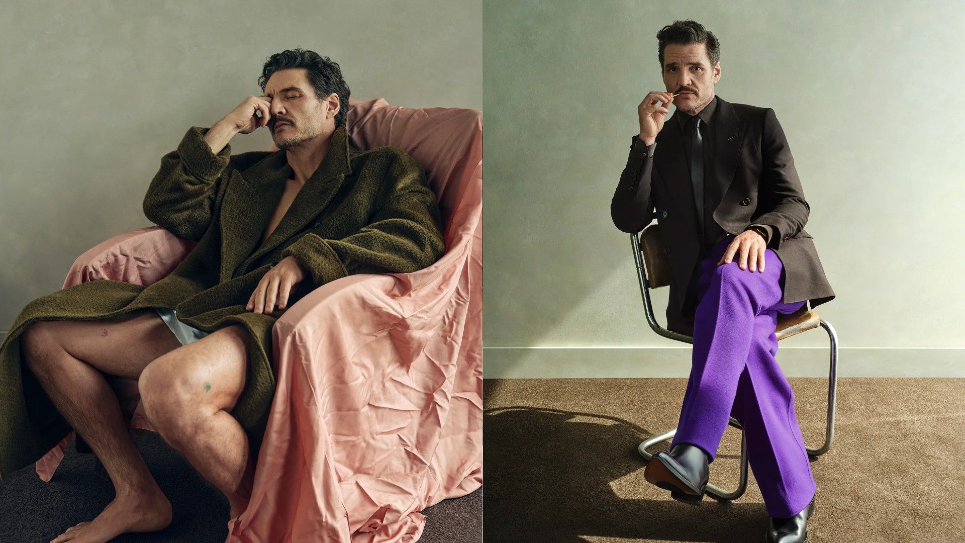 Pedro Pascal: po lewej siedzi na krześle, po prawej siedzi ze skrzyżowanymi nogami