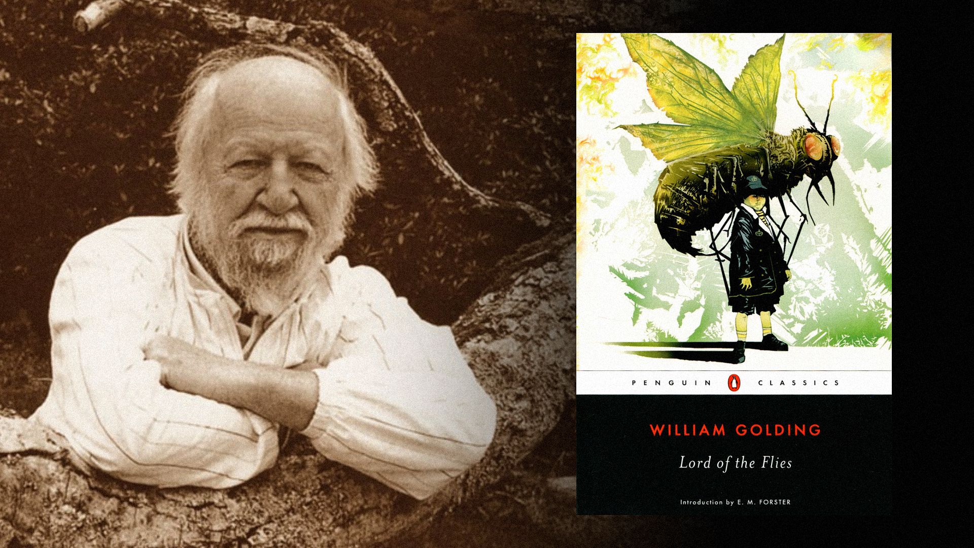 Pisarz William Golding stoi przy drzewie, obok okładki książki przedstawiającej dużą muchę i chłopca