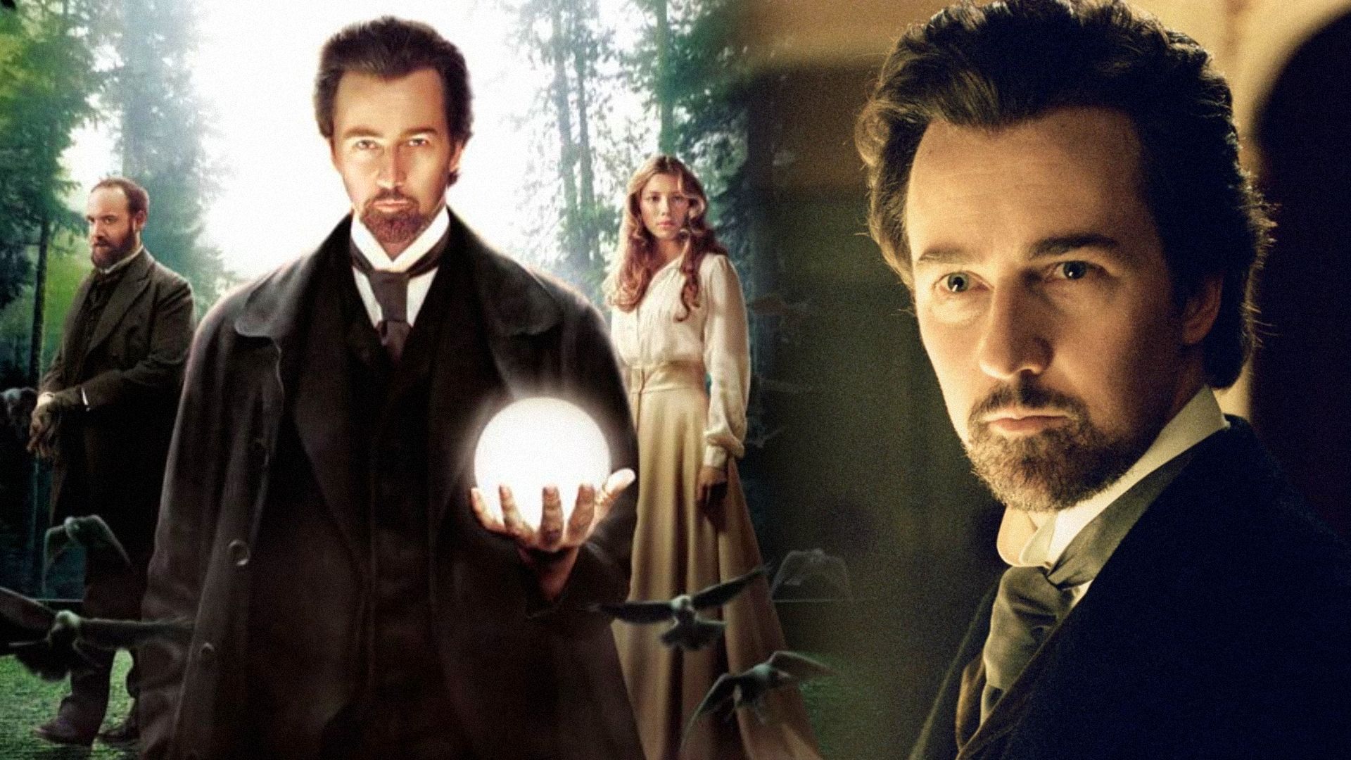 Aktor Edward Norton w staromodnym czarnym garniturze stoi z świecącą kulą w dłoni