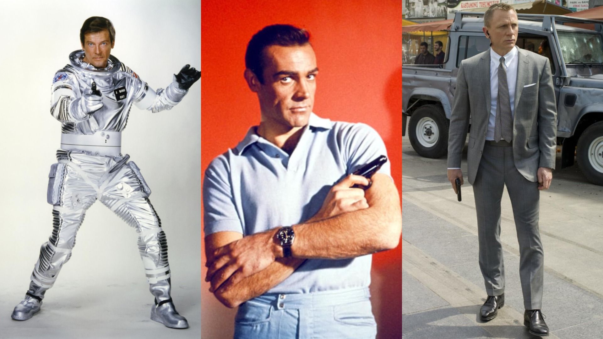 Aktor Roger Moore w skafandrze kosmicznym, aktor Sean Connery z pistoletem, aktor Daniel Craig w szarym garniturze