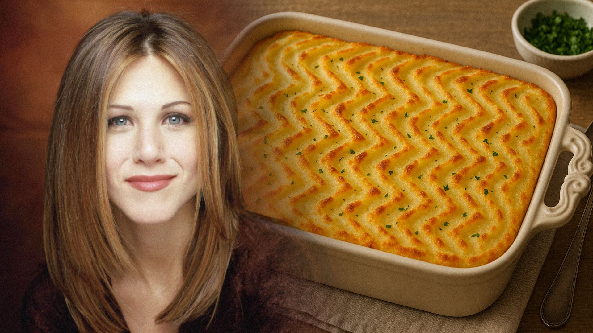 Aktorka Jennifer Aniston uśmiechnięta z naczyniem do pieczenia z zapiekanką ziemniaczaną obok siebie