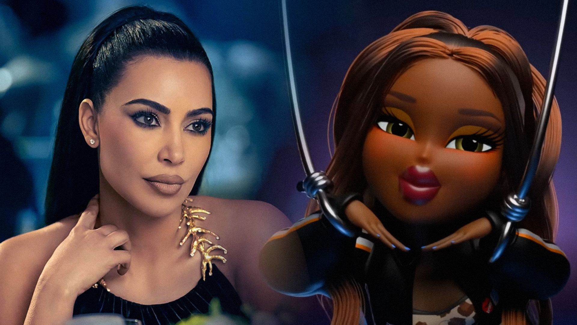 Aktorka Kim Kardashian w czarnej sukni na niebieskim tle, lalka Bratz w czarnym stroju