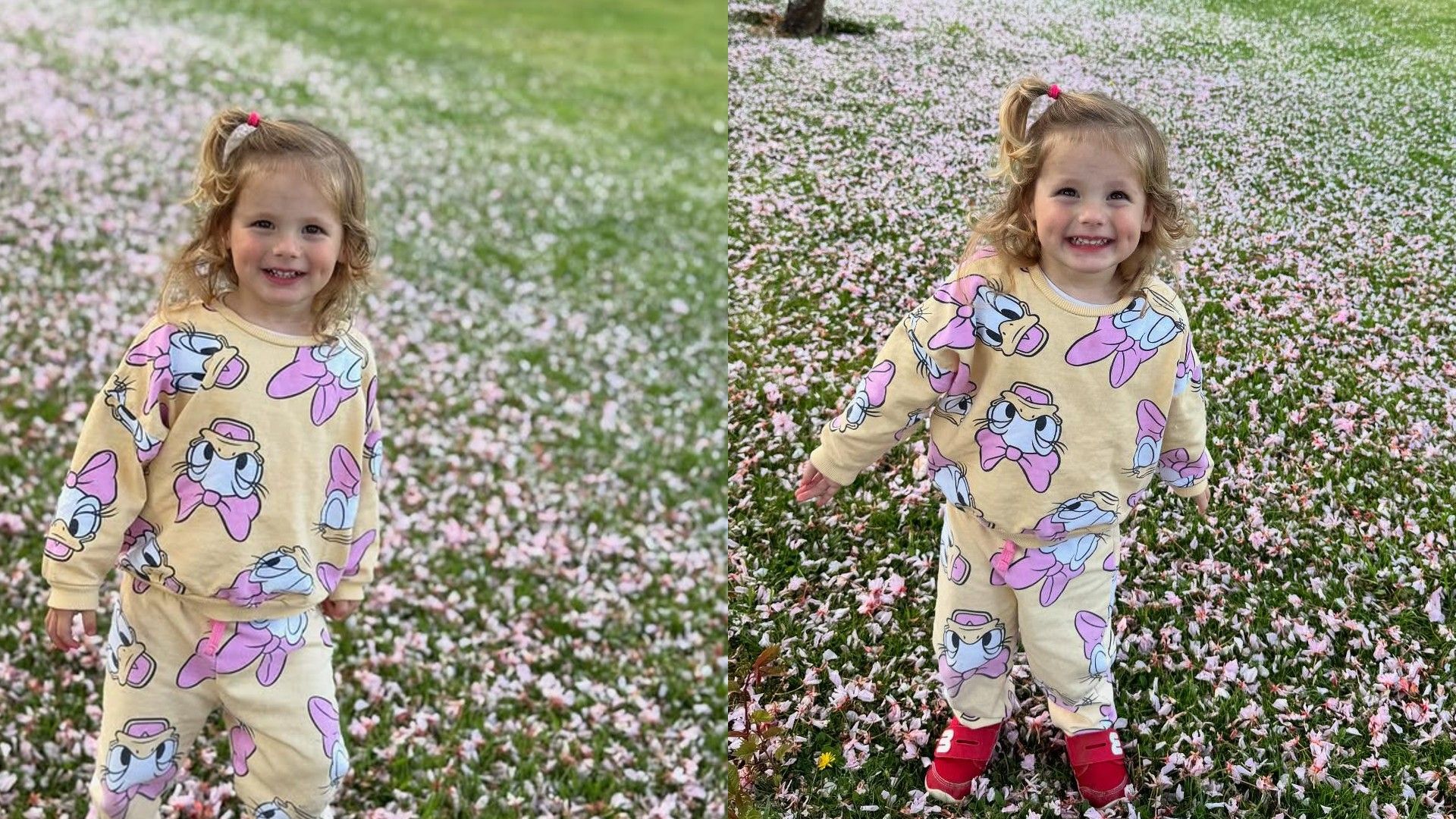 Kolaż dwóch zdjęć małej dziewczynki w piżamie z Kaczką Daisy