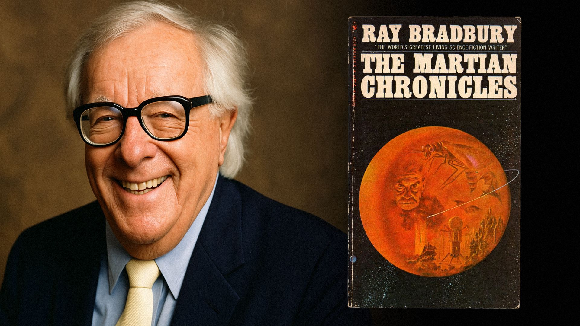 Pisarz Ray Bradbury w czarnym garniturze uśmiechający się, obok okładki książki z planetą Mars