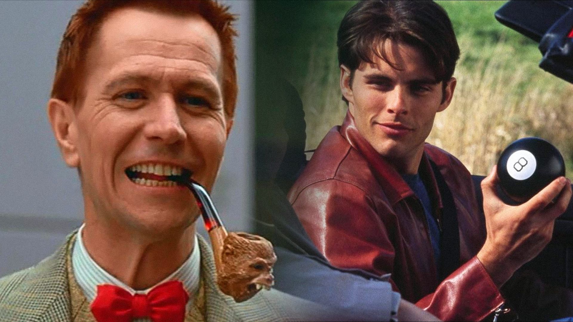 Aktor Gary Oldman uśmiecha się z fajką w ustach, aktor James Marsden siedzi w samochodzie z czarną kulą w dłoni