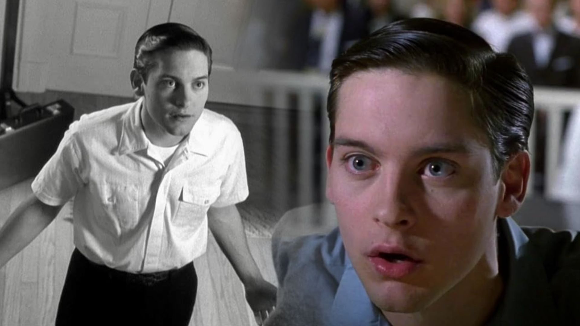 Aktor Tobey Maguire w białej koszuli w czerni i bieli
