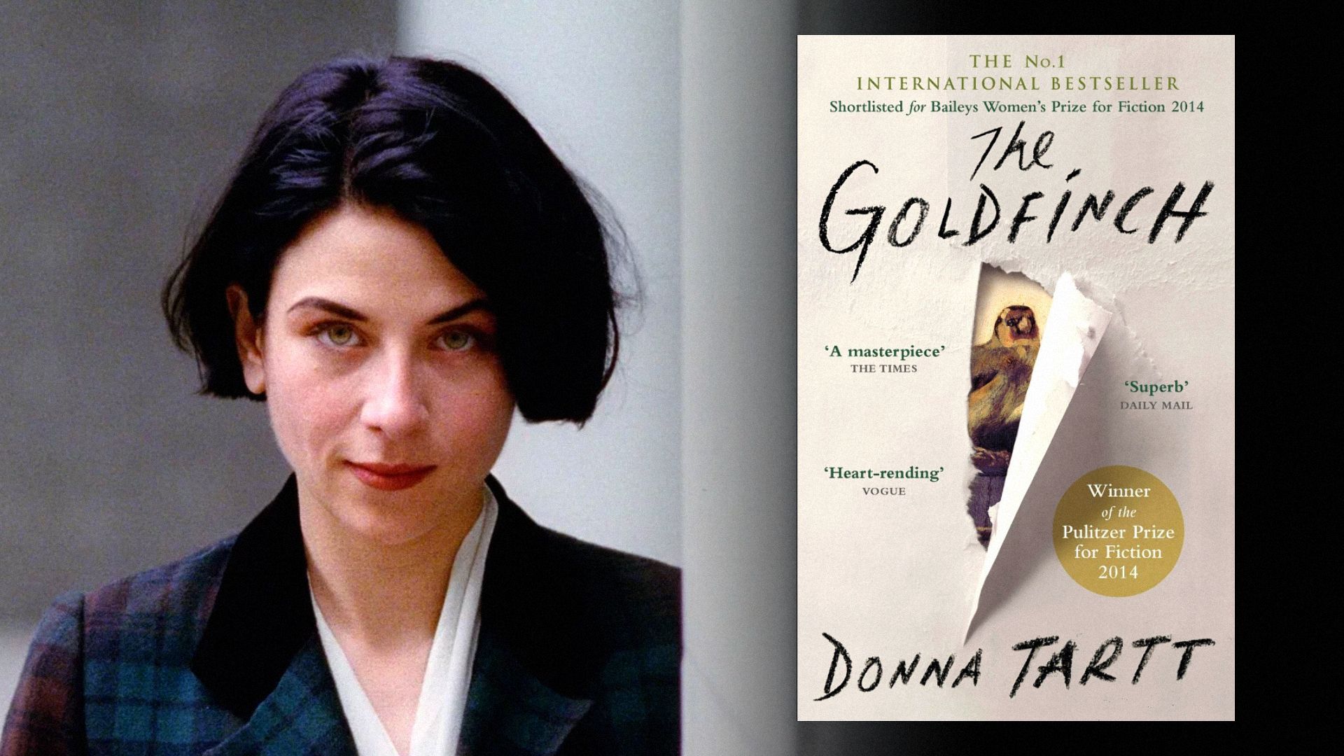 Pisarka Donna Tartt w kratowanej marynarce, obok okładki książki z ptakiem
