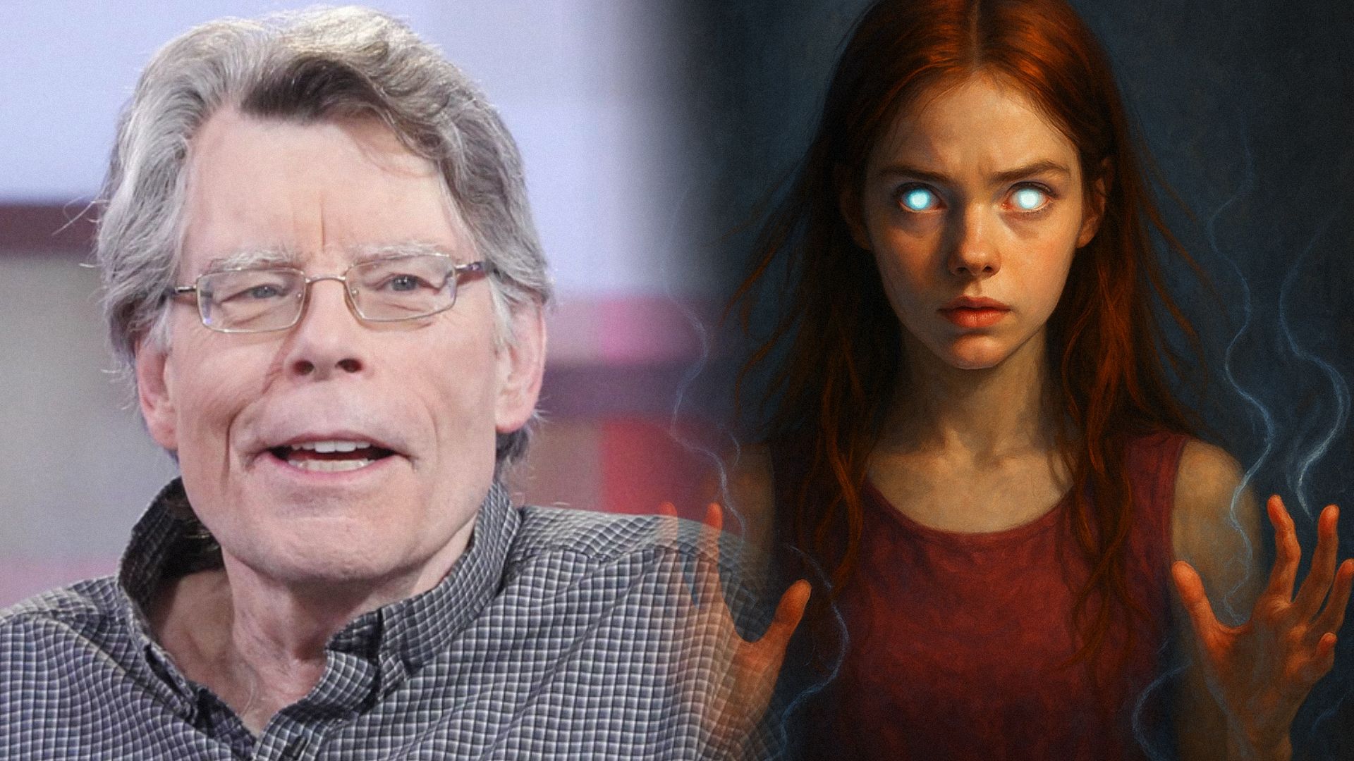 Pisarz Stephen King uśmiecha się w okularach, a dziewczyna w czerwonym topie z świecącymi oczami