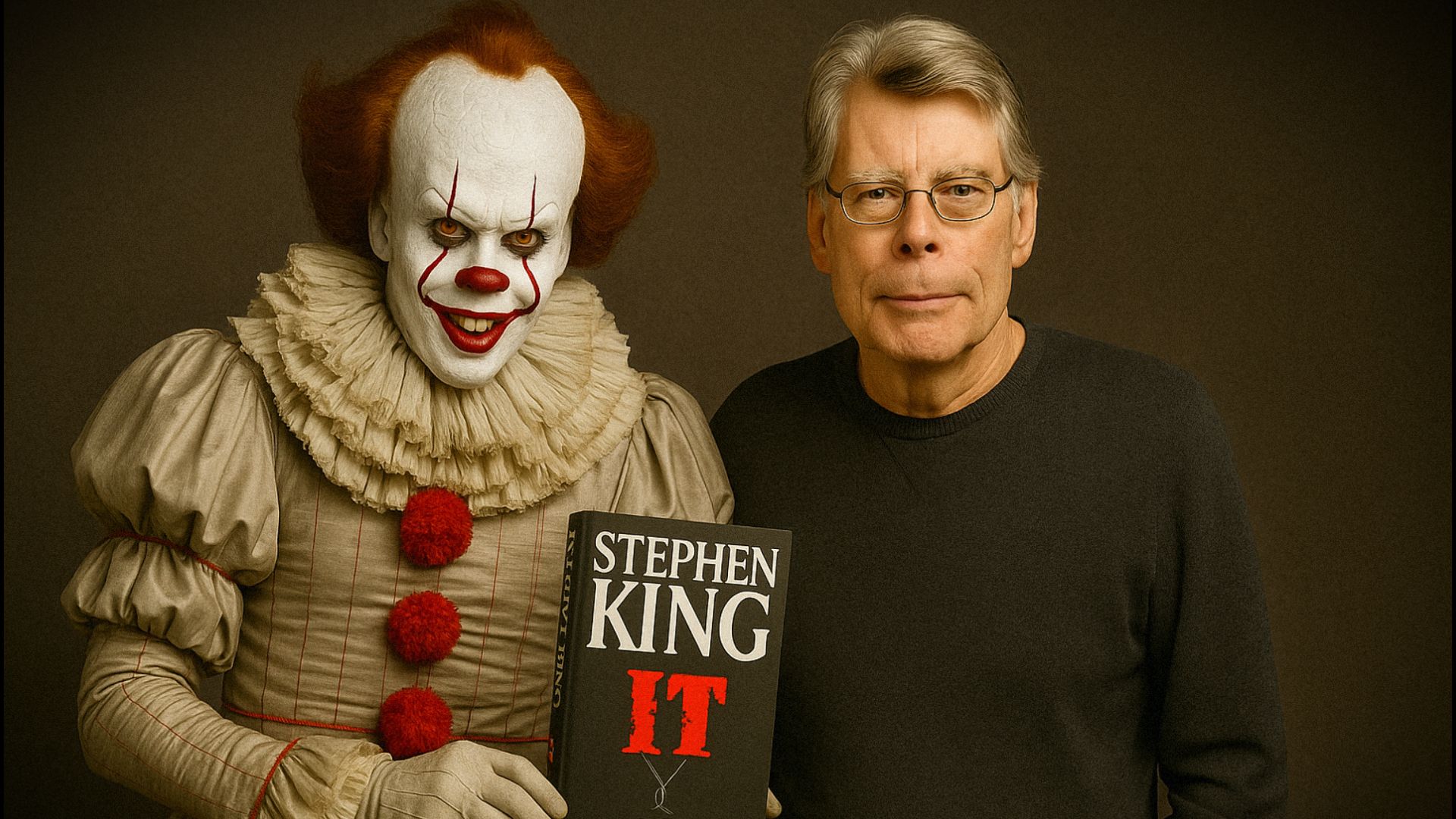 Klaun w białym kostiumie z czerwonymi guzikami trzyma książkę w rękach, obok niego stoi pisarz Stephen King w czarnym ubraniu
