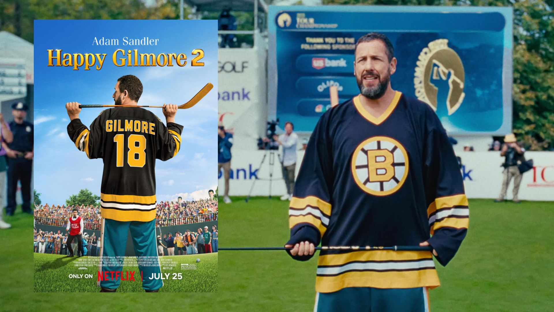 Aktor Adam Sandler trzymający kij golfowy stoi na polu golfowym, obok plakatu filmowego pokazującego aktora stojącego tyłem
