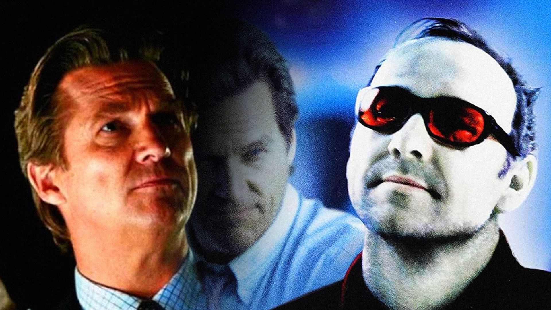 Aktor Jeff Bridges w koszuli i marynarce oraz aktor Kevin Spacey w ciemnej marynarce i czerwonych okularach
