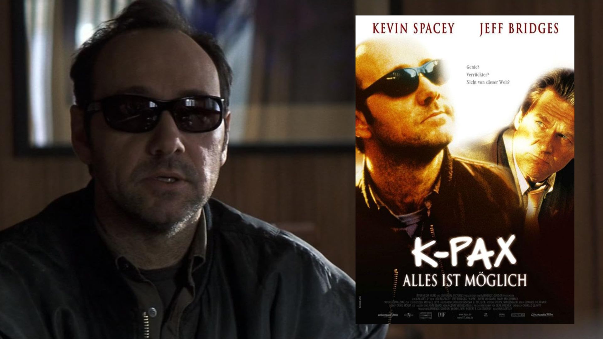 Aktor Kevin Spacey w okularach i ciemnej marynarce, obok plakat filmu przedstawiający aktora stojącego wraz z Jeffem Bridgesem