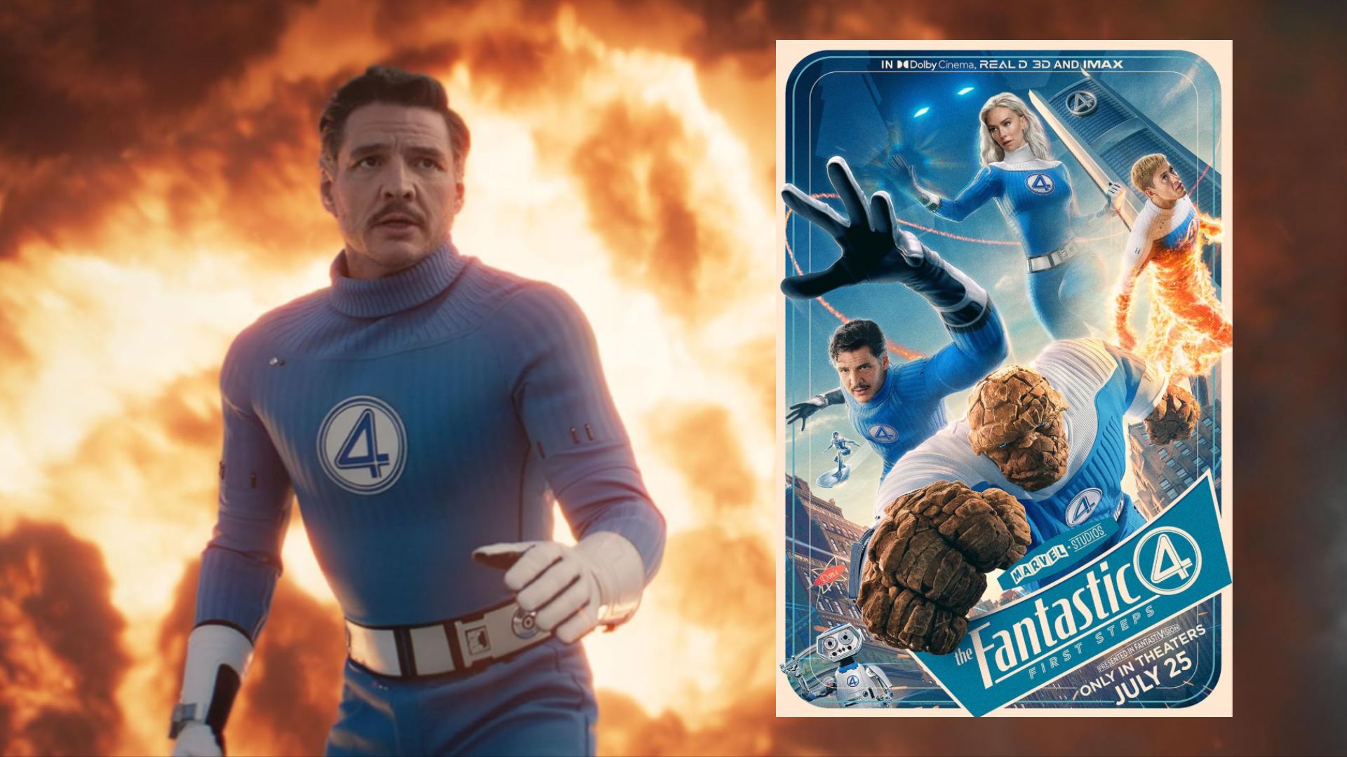Aktor Pedro Pascal w niebieskim kostiumie superbohatera, obok plakatu filmu przedstawiającego cztery osoby, z których jedna jest zrobiona z kamienia