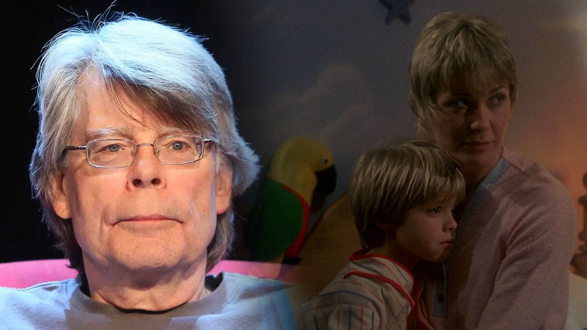 Pisarz Stephen King w okularach obok aktorki Dee Wallace trzymającej chłopca w ramionach
