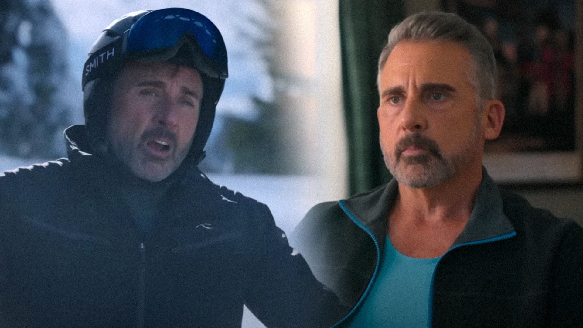 Aktor Steve Carell w kombinezonie narciarskim stoi otoczony śniegiem