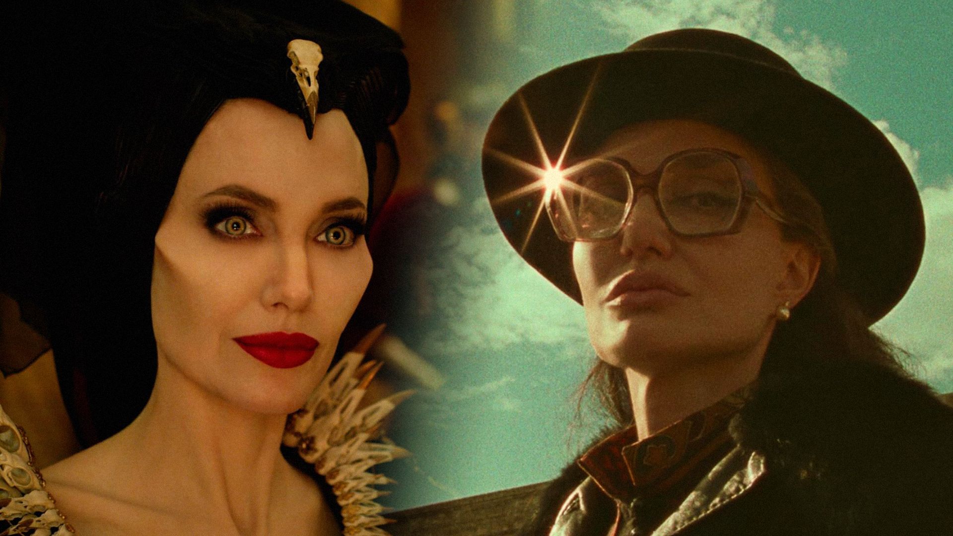 Aktorka Angelina Jolie z czarnymi rogami i szerokim kapeluszem w okularach
