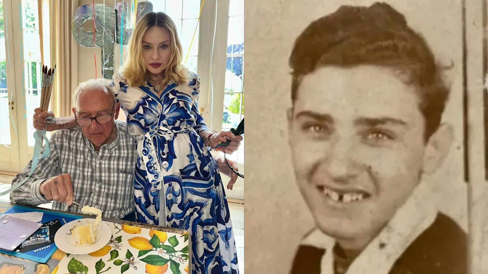 Piosenkarka Madonna w niebieskiej sukience stoi obok ojca Silvio, który siedzi przy stole w okularach