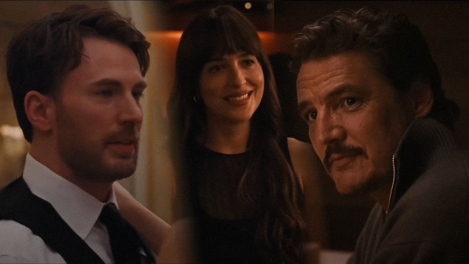 Aktorzy Chris Evans w białej koszuli, Dakota Johnson w czarnej sukience i Pedro Pascal w szarym swetrze
