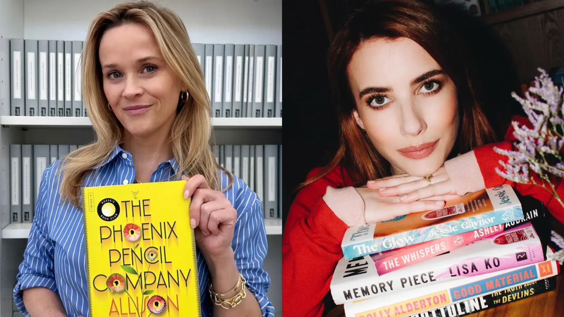 Aktorki Reese Witherspoon z żółtą książką i Emma Roberts ze stosem kolorowych książek