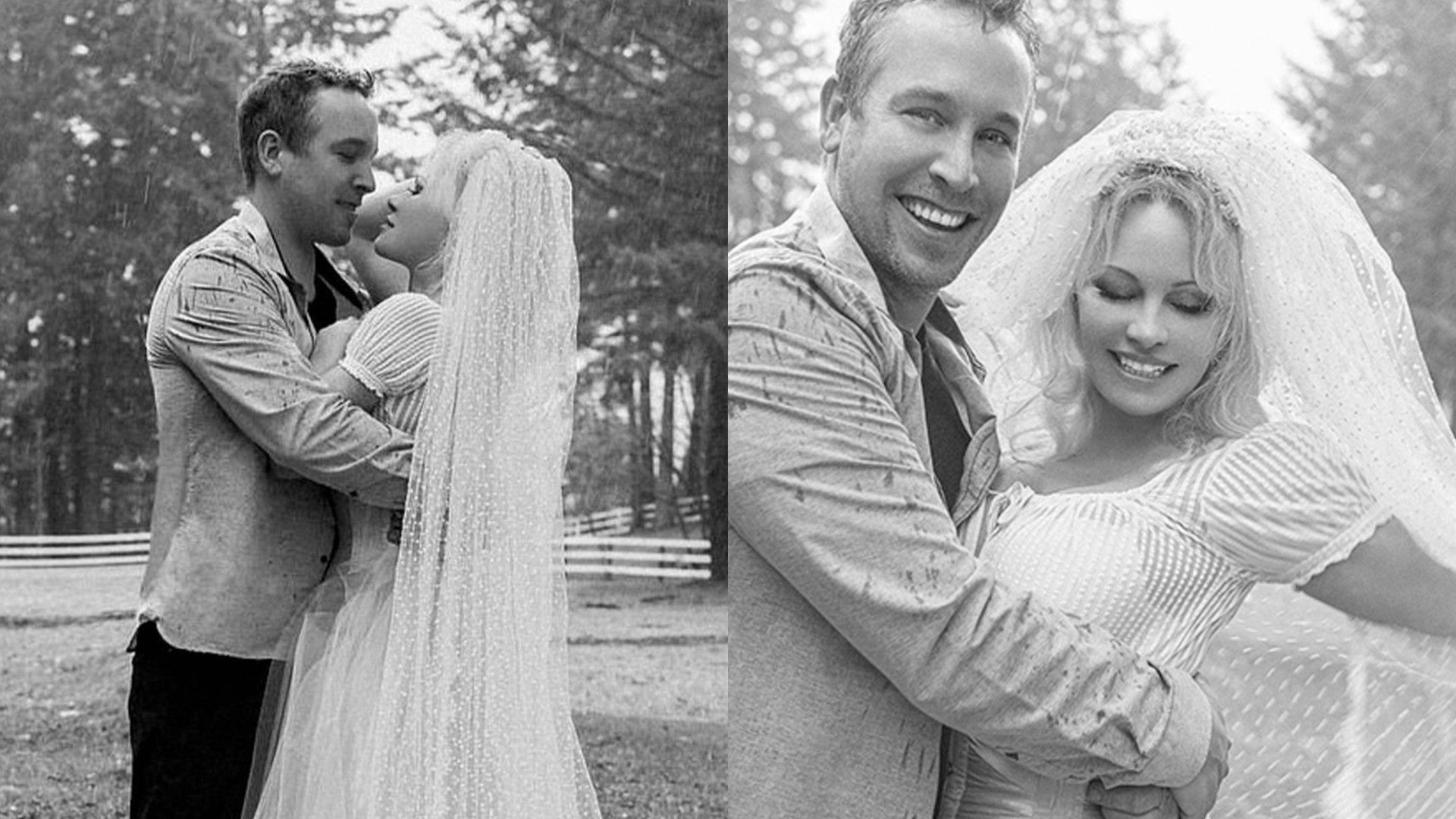 Pamela Anderson i Dan Hayhurst w strojach ślubnych, kolaż dwóch czarno-białych zdjęć