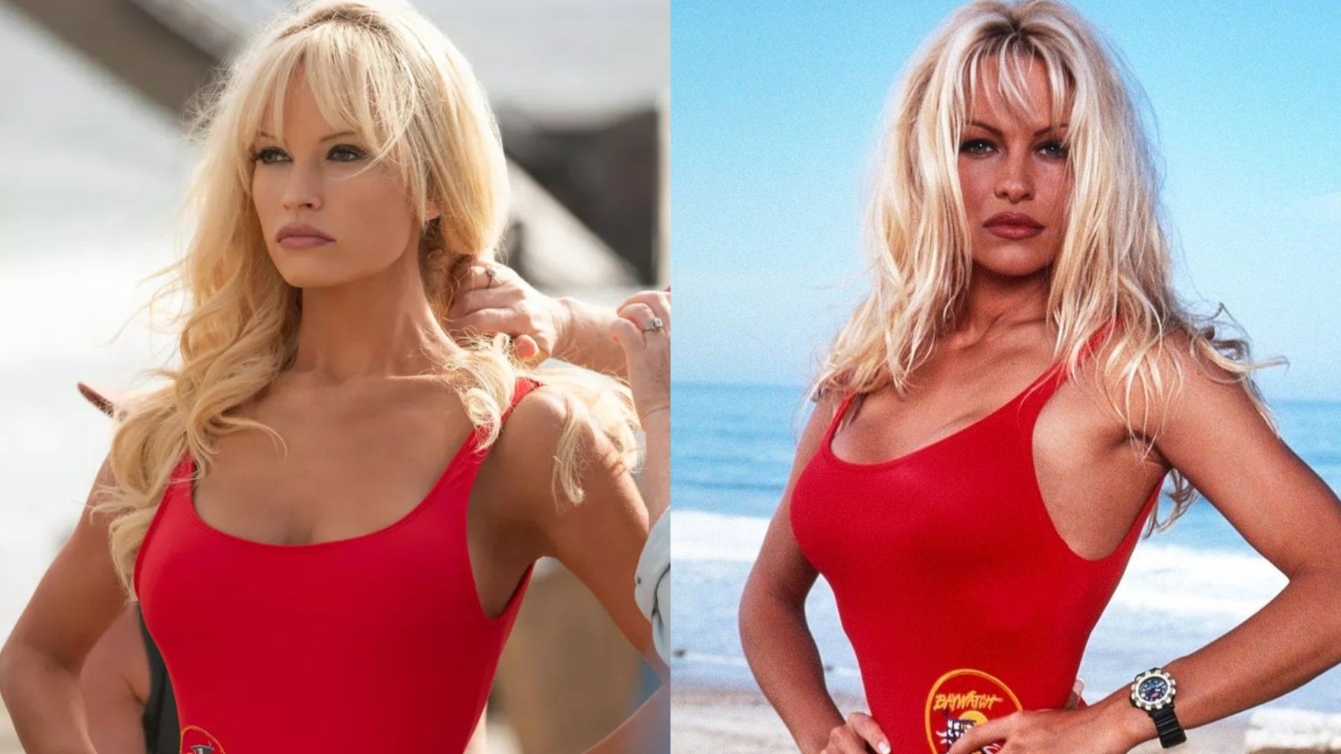 Dwie kobiety w czerwonych kostiumach kąpielowych pozujące na plaży: po lewej – aktorka w roli, po prawej – oryginalna Pamela Anderson z "Baywatch"