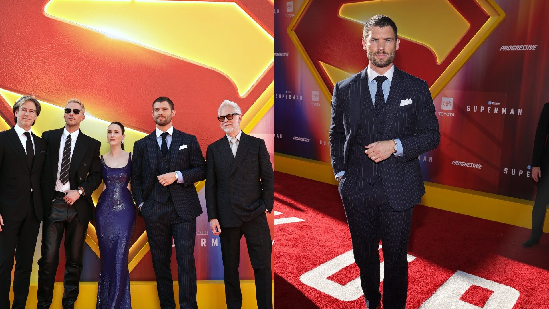 David Corenswet i obsada Superman pozują na czerwonym dywanie