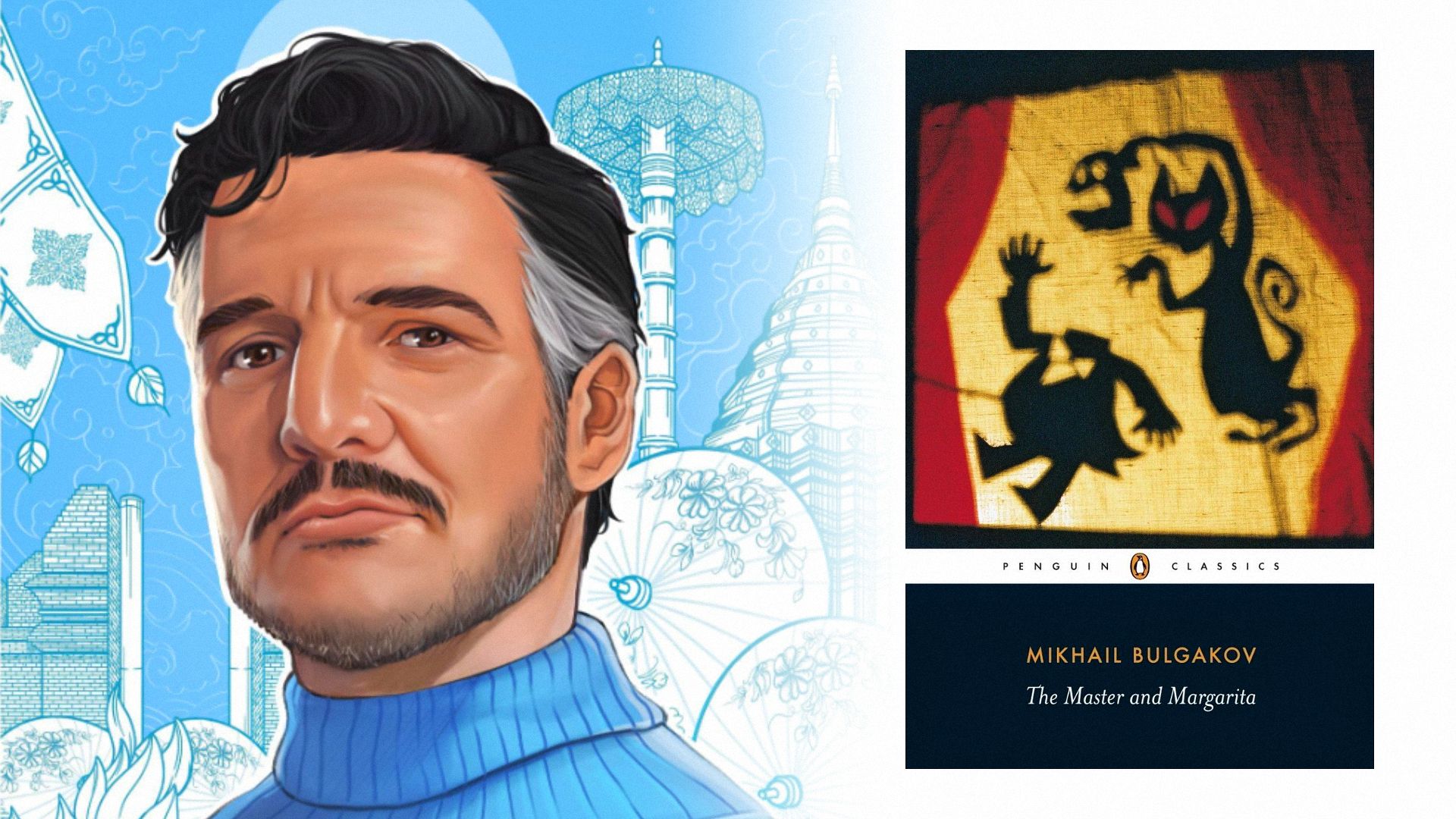 Ilustrowany aktor Pedro Pascal jako Mister Fantastic, obok okładki książki z kotem