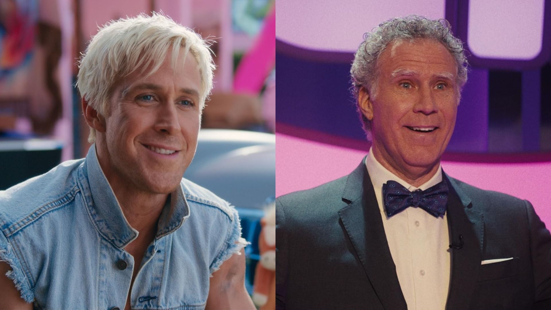 Aktor Ryan Gosling w dżinsowej kamizelce i aktor Will Ferrell w smokingu